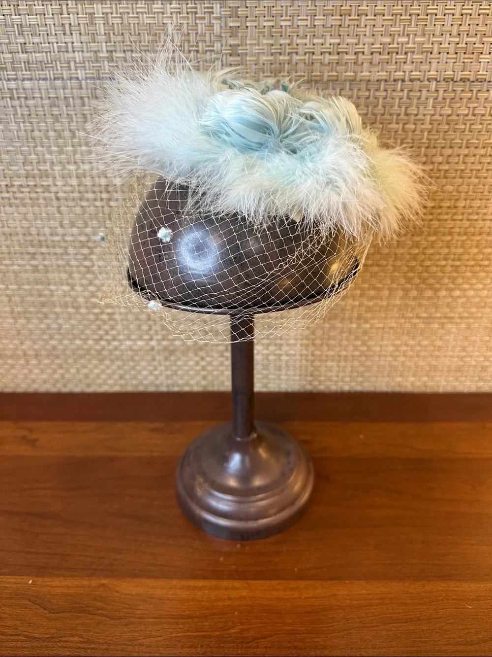 VTG 1960s Tiffany Blue Marabou Feather Birdcage Fascinator Cocktail Hat - Picture 6 of 11